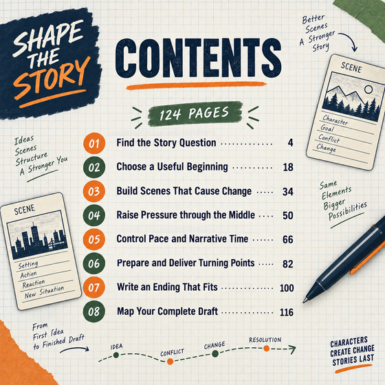 Contents pages with chapter start numbers for Shape the Story.